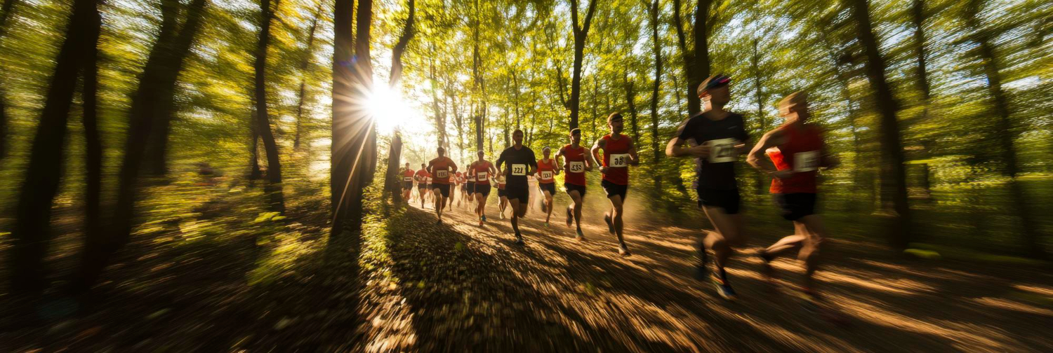 Laufwettbewerb durch den Wald, die Sonne scheint